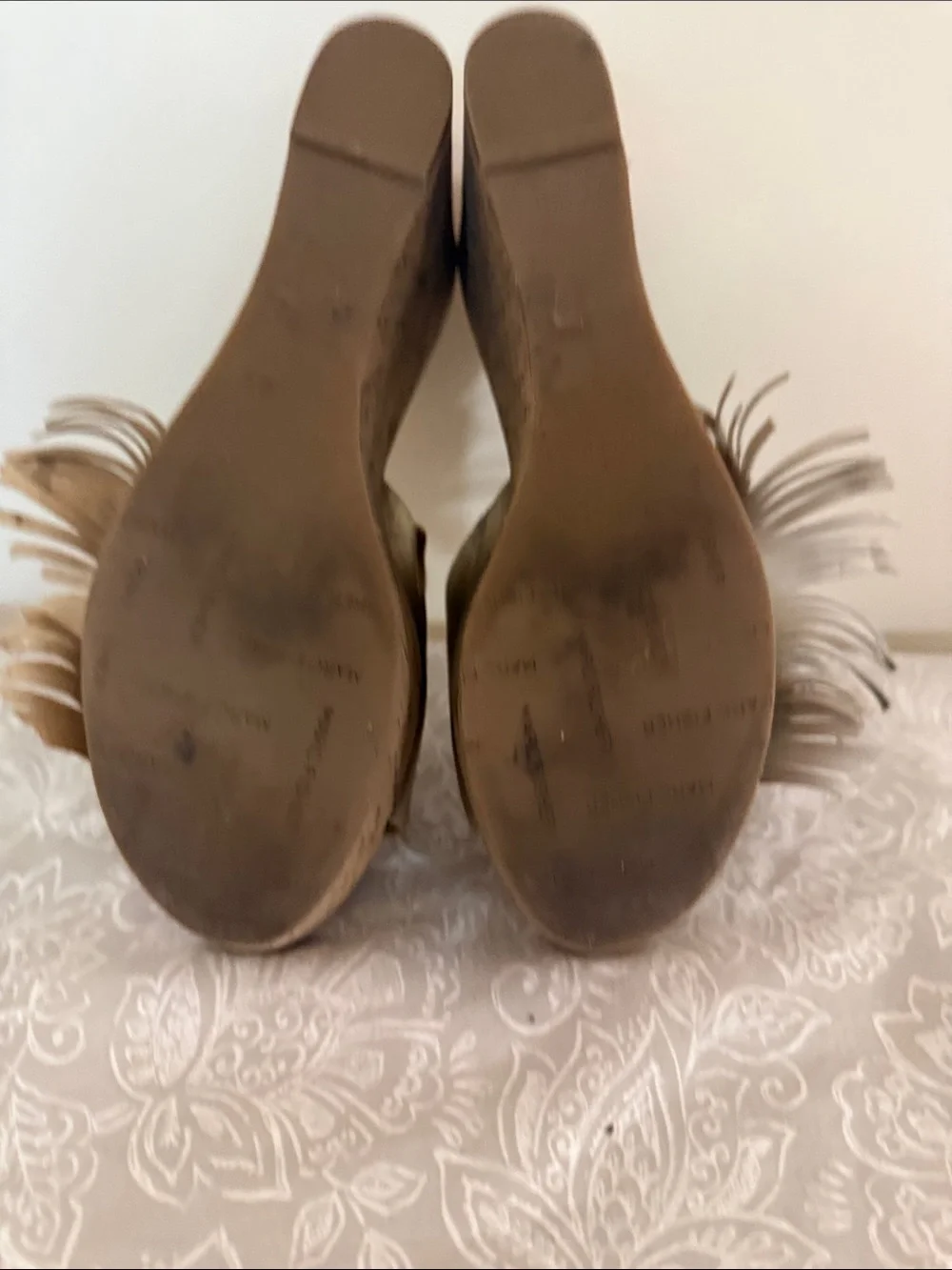 Marc Fisher Metallic Gold Fringe Cork Wedge Slides